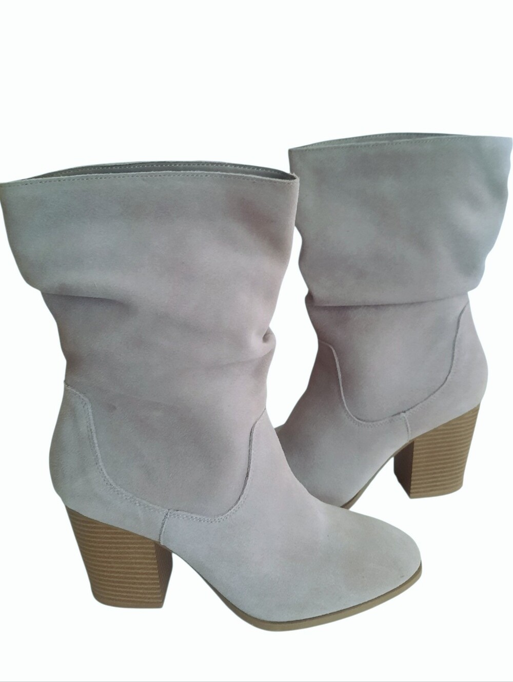 CROWN & IVY Zodiac Grey Suede High Block Heel Slouchy Ankle Boots Sz 7.5 M